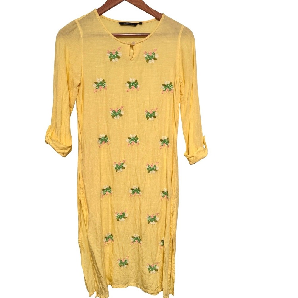Modern Melange Tunic Dress XS Yellow Viscose Linen Woven Embroidered Boho